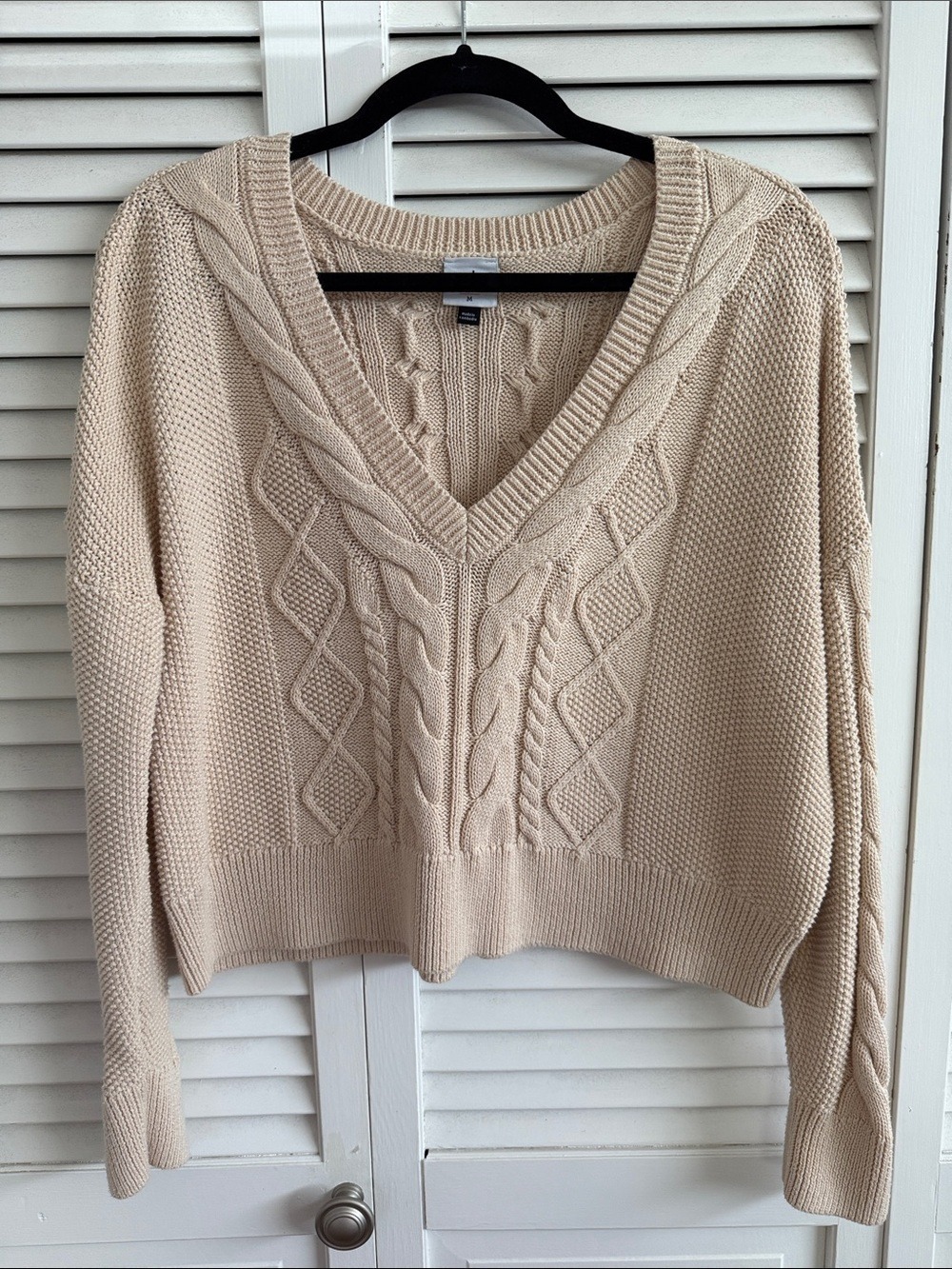 CAbi Cream Cable-Knit V-Neck Sweater